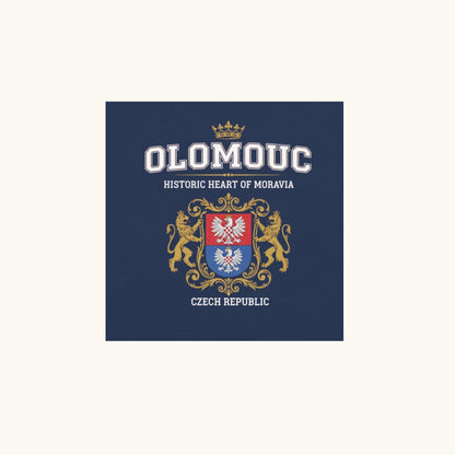 Unisex t-shirt with Olomouc Historic Heart of Moravia crest and golden lions design
