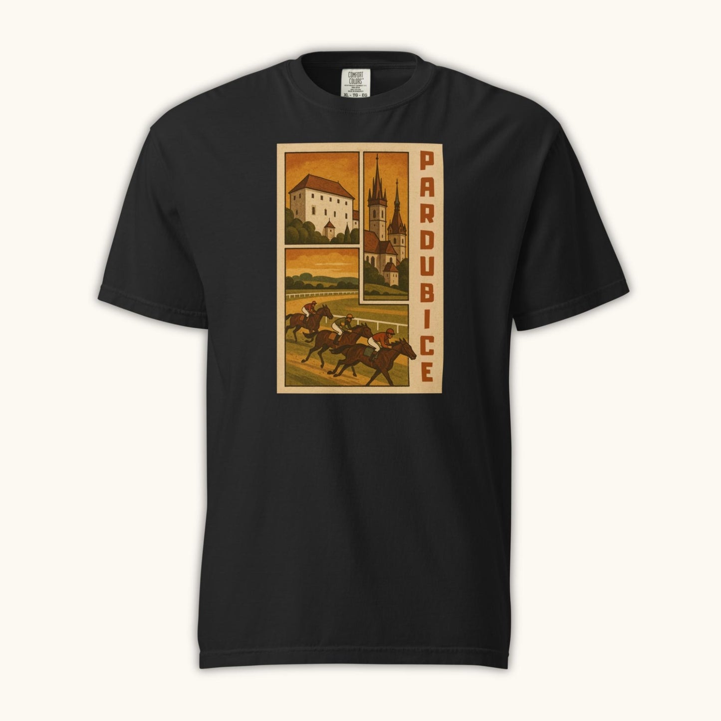 Retro Pardubice t-shirt with vintage horse racing and Czech architecture illustration
