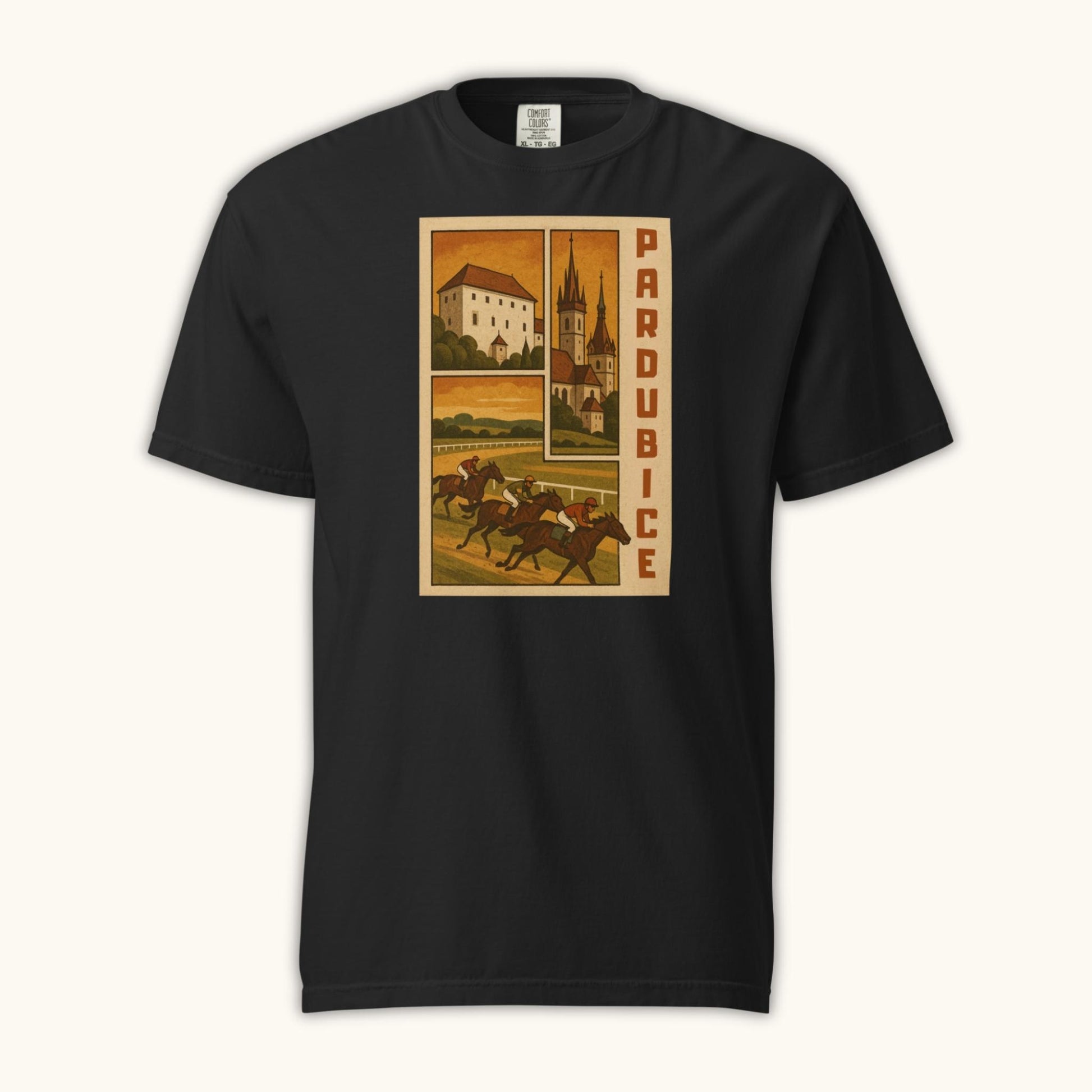 Retro Pardubice t-shirt with vintage horse racing and Czech architecture illustration
