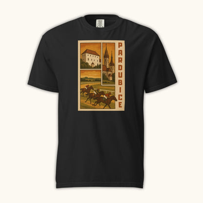 Retro Pardubice t-shirt with vintage horse racing and Czech architecture illustration
