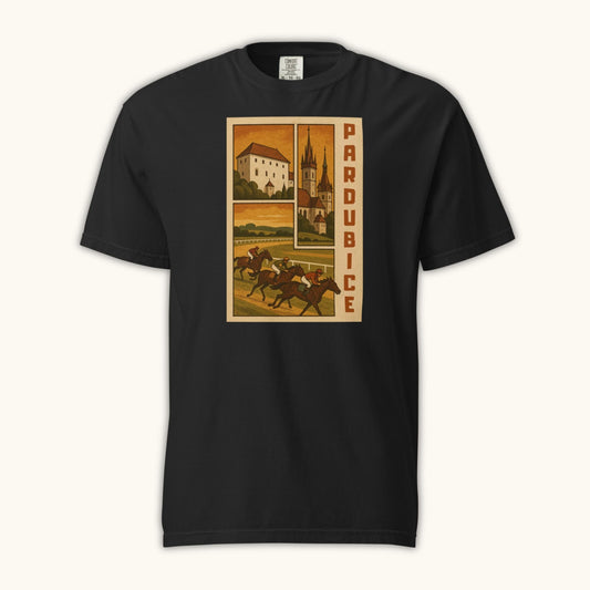 Retro Pardubice t-shirt with vintage horse racing and Czech architecture illustration

