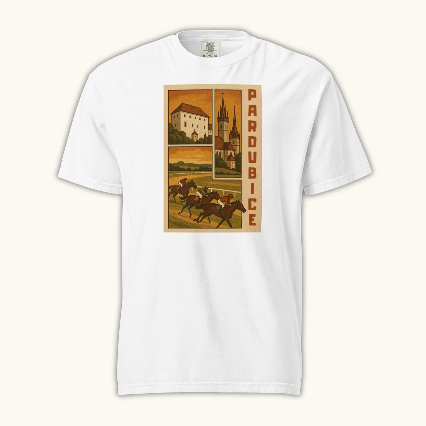 Retro Pardubice t-shirt with vintage horse racing and Czech architecture illustration
