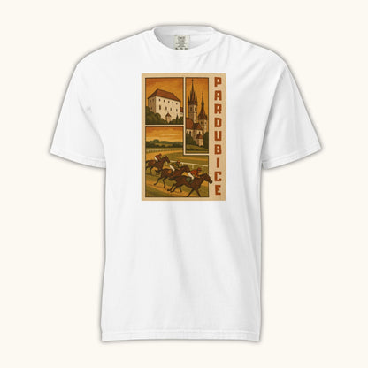 Retro Pardubice t-shirt with vintage horse racing and Czech architecture illustration
