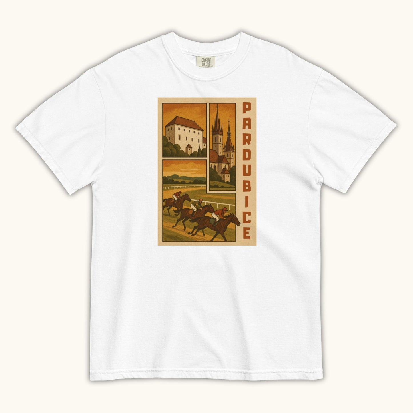 Retro Pardubice t-shirt with vintage horse racing and Czech architecture illustration
