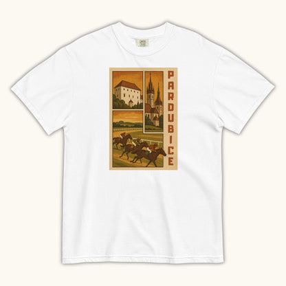 Retro Pardubice t-shirt with vintage horse racing and Czech architecture illustration
