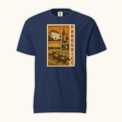 Retro Pardubice t-shirt with vintage horse racing and Czech architecture illustration
