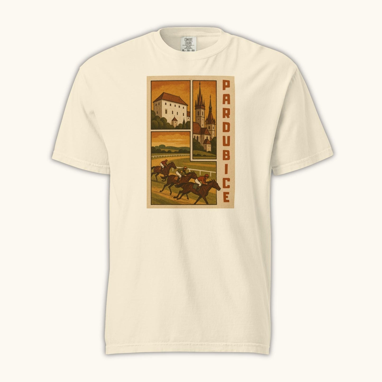 Retro Pardubice t-shirt with vintage horse racing and Czech architecture illustration
