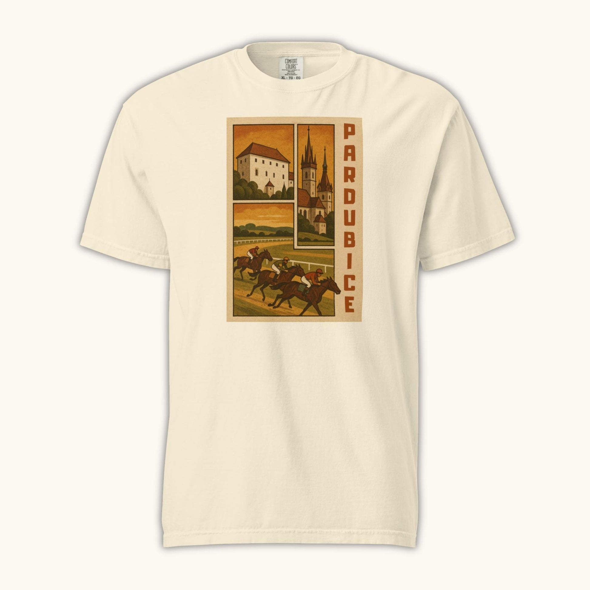 Retro Pardubice t-shirt with vintage horse racing and Czech architecture illustration
