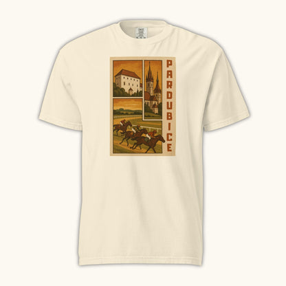 Retro Pardubice t-shirt with vintage horse racing and Czech architecture illustration
