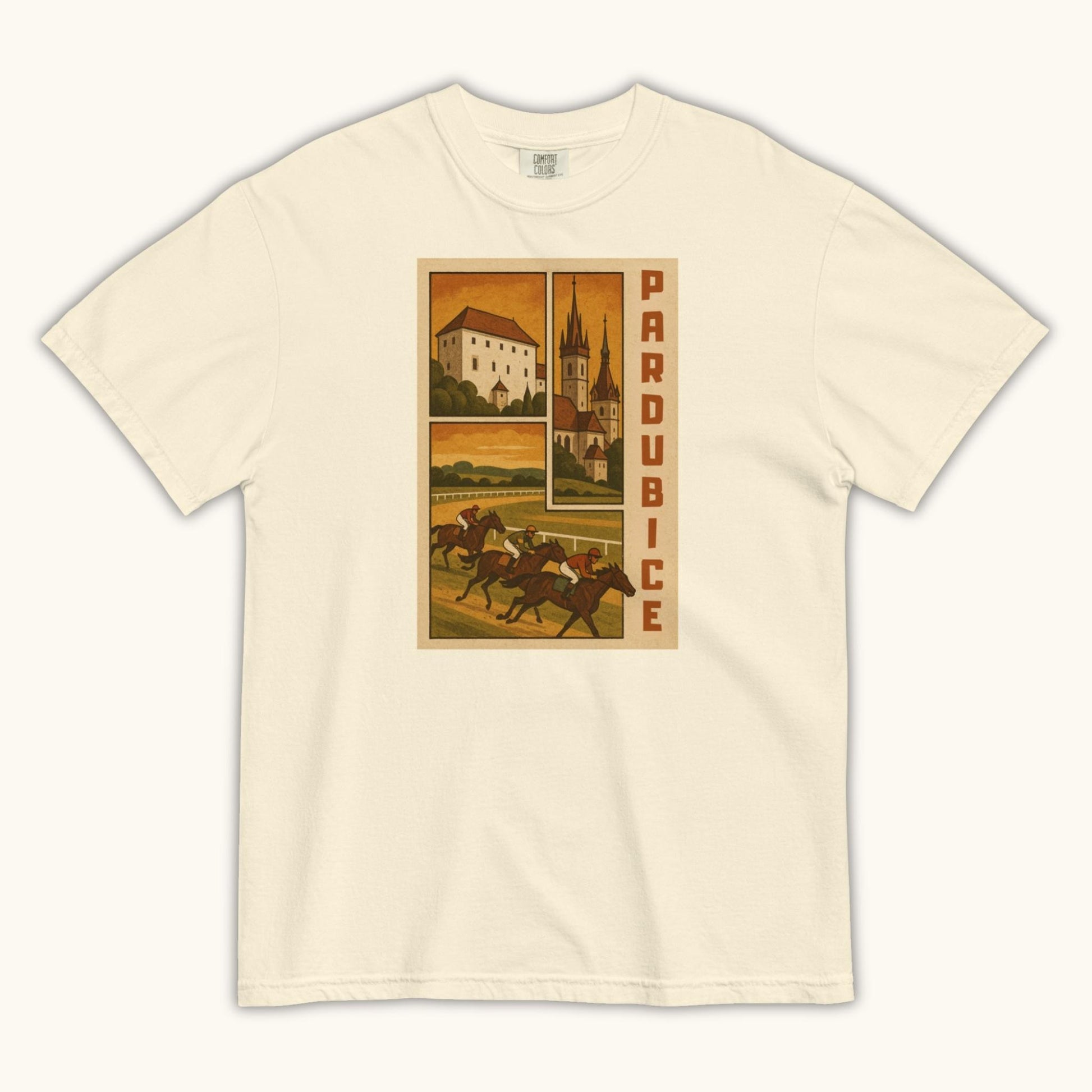 Retro Pardubice t-shirt with vintage horse racing and Czech architecture illustration
