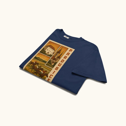 Retro Pardubice t-shirt with vintage horse racing and Czech architecture illustration
