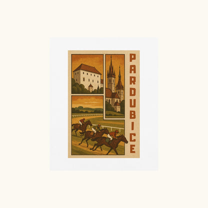 Retro Pardubice t-shirt with vintage horse racing and Czech architecture illustration
