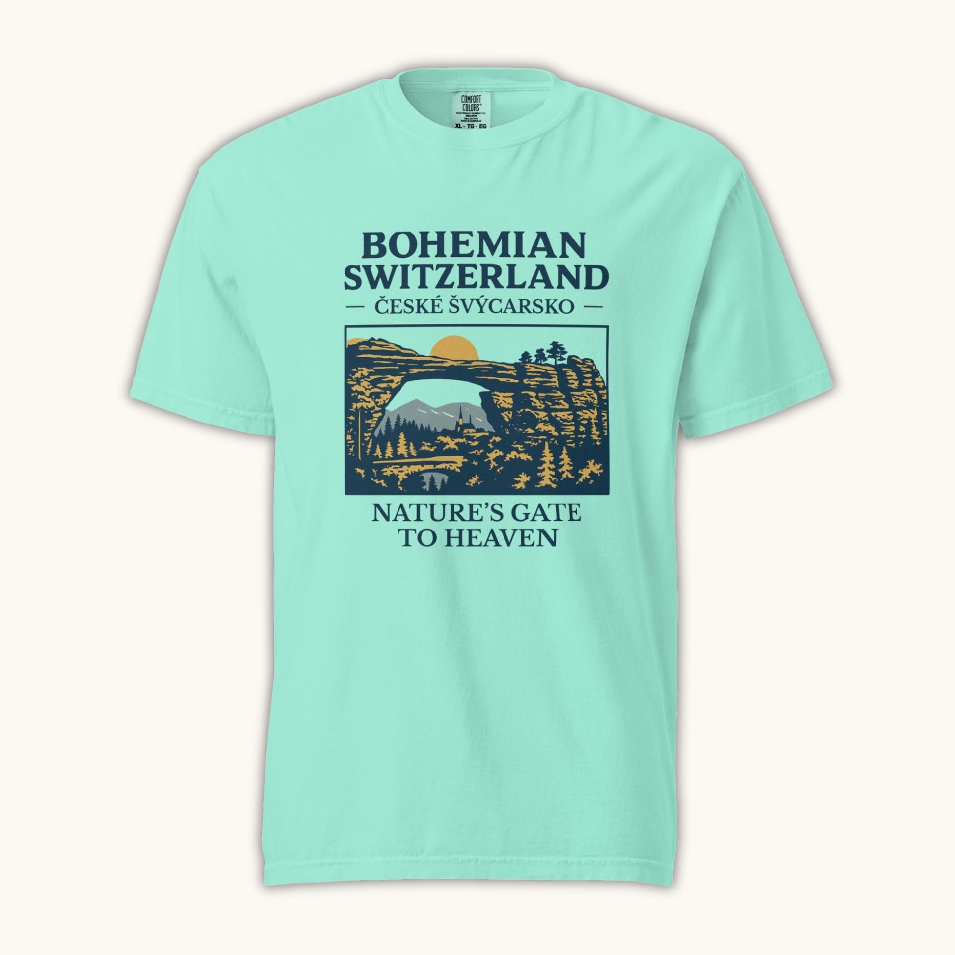 Unisex Bohemian Switzerland t-shirt featuring Pravčická Gate illustration in vintage outdoor style.
