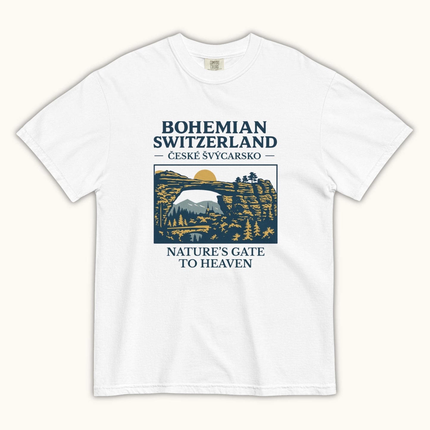 Unisex Bohemian Switzerland t-shirt featuring Pravčická Gate illustration in vintage outdoor style.
