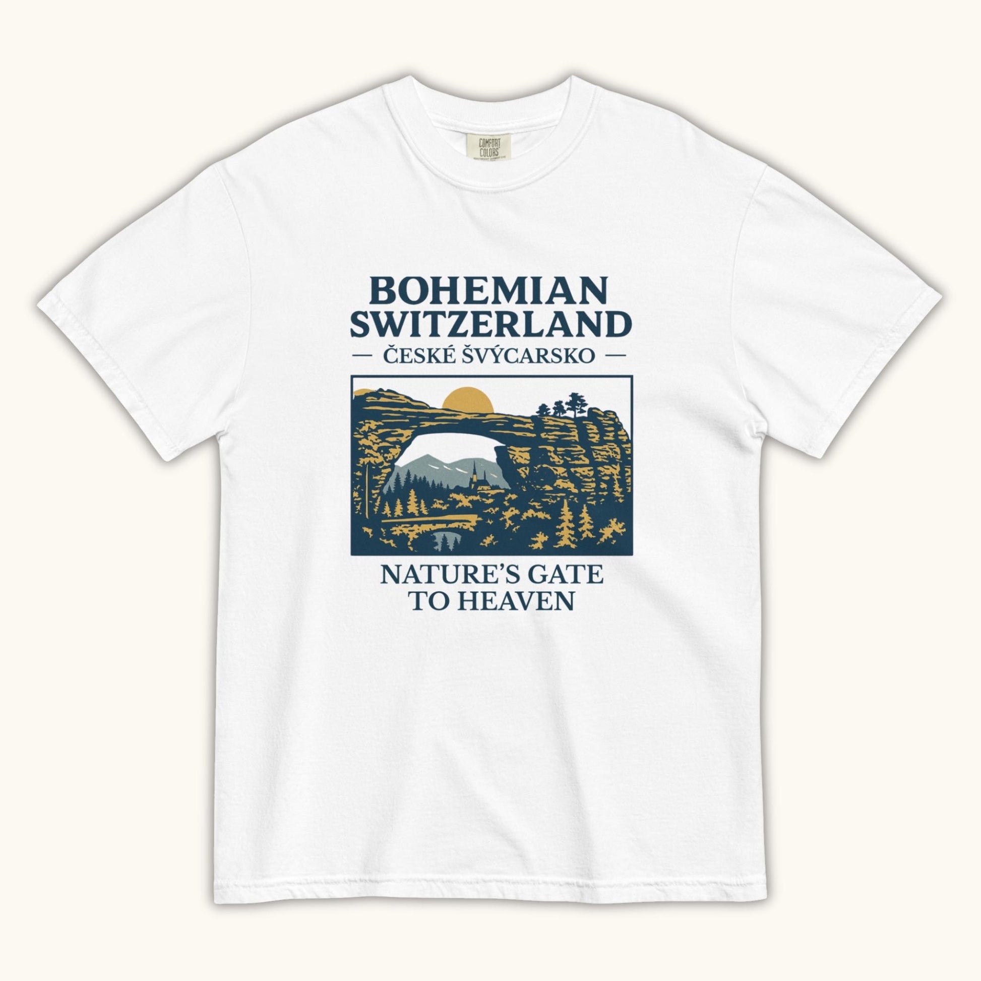 Unisex Bohemian Switzerland t-shirt featuring Pravčická Gate illustration in vintage outdoor style.
