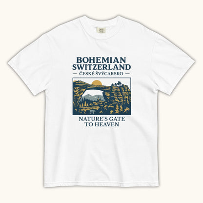 Unisex Bohemian Switzerland t-shirt featuring Pravčická Gate illustration in vintage outdoor style.
