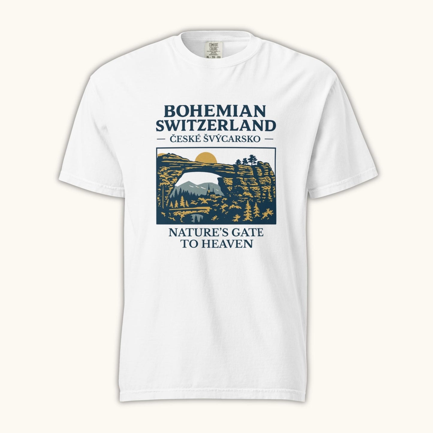 Unisex Bohemian Switzerland t-shirt featuring Pravčická Gate illustration in vintage outdoor style.
