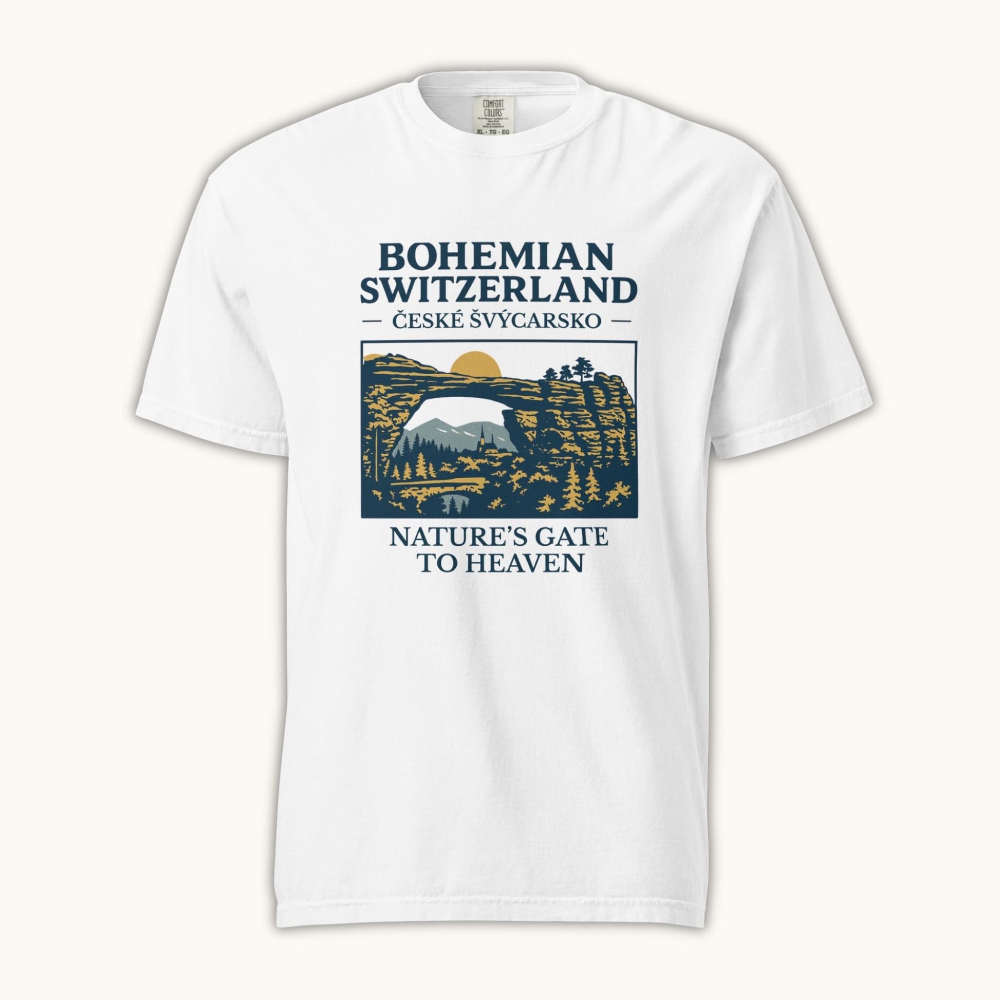 Unisex Bohemian Switzerland t-shirt featuring Pravčická Gate illustration in vintage outdoor style.
