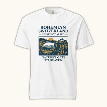 Unisex Bohemian Switzerland t-shirt featuring Pravčická Gate illustration in vintage outdoor style.
