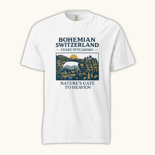 Unisex Bohemian Switzerland t-shirt featuring Pravčická Gate illustration in vintage outdoor style.
