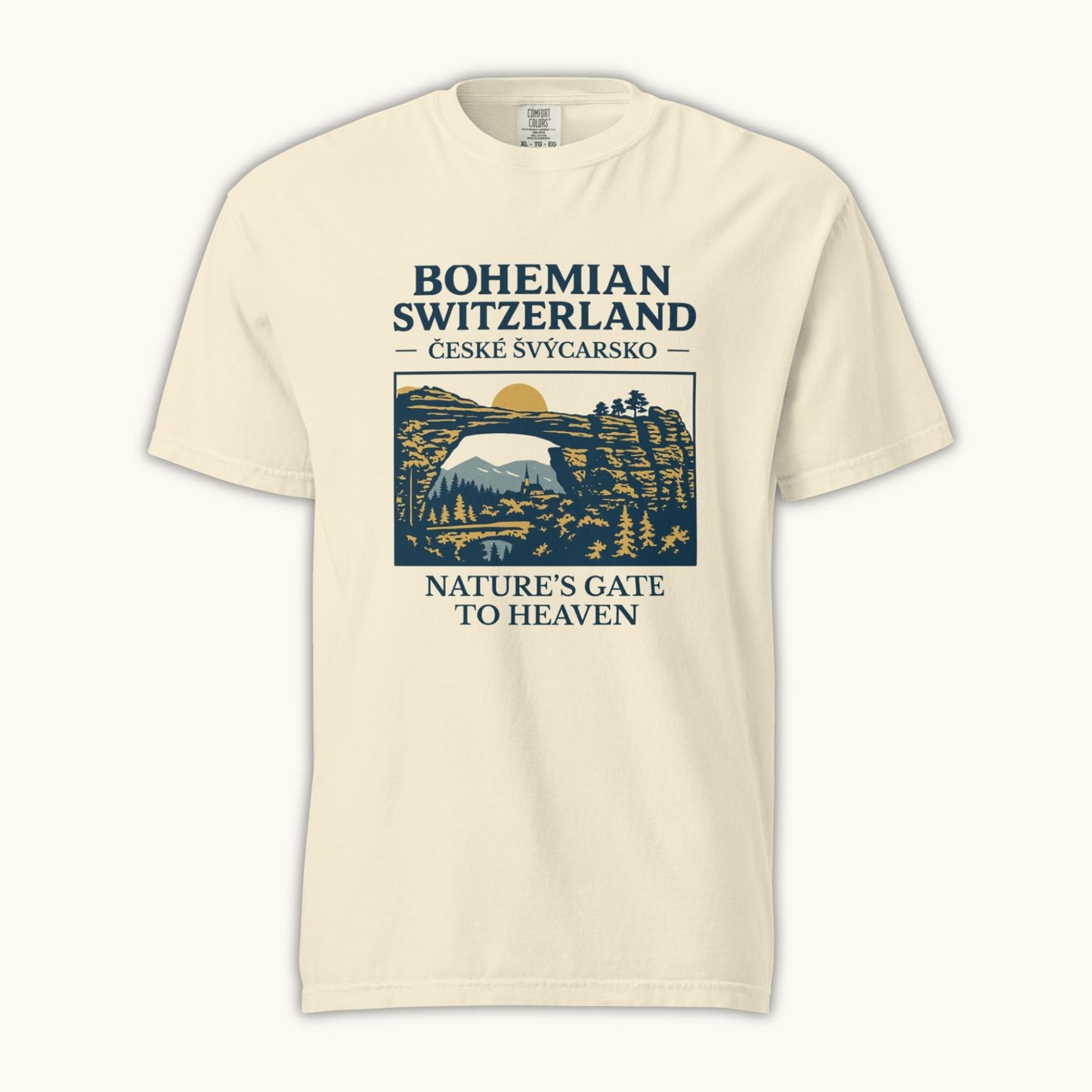 Unisex Bohemian Switzerland t-shirt featuring Pravčická Gate illustration in vintage outdoor style.
