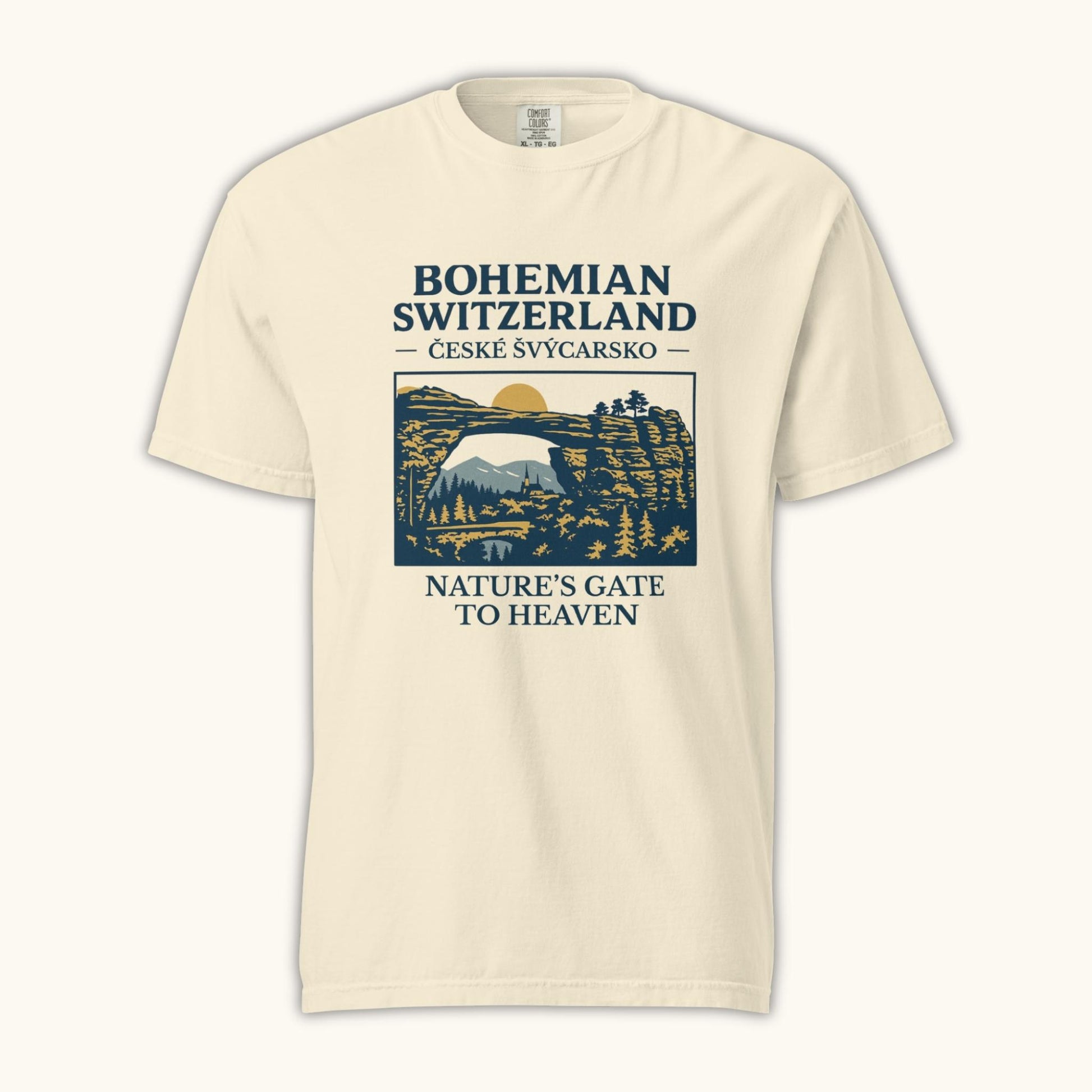 Unisex Bohemian Switzerland t-shirt featuring Pravčická Gate illustration in vintage outdoor style.
