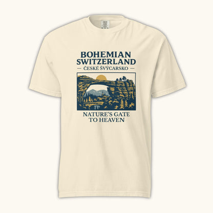 Unisex Bohemian Switzerland t-shirt featuring Pravčická Gate illustration in vintage outdoor style.
