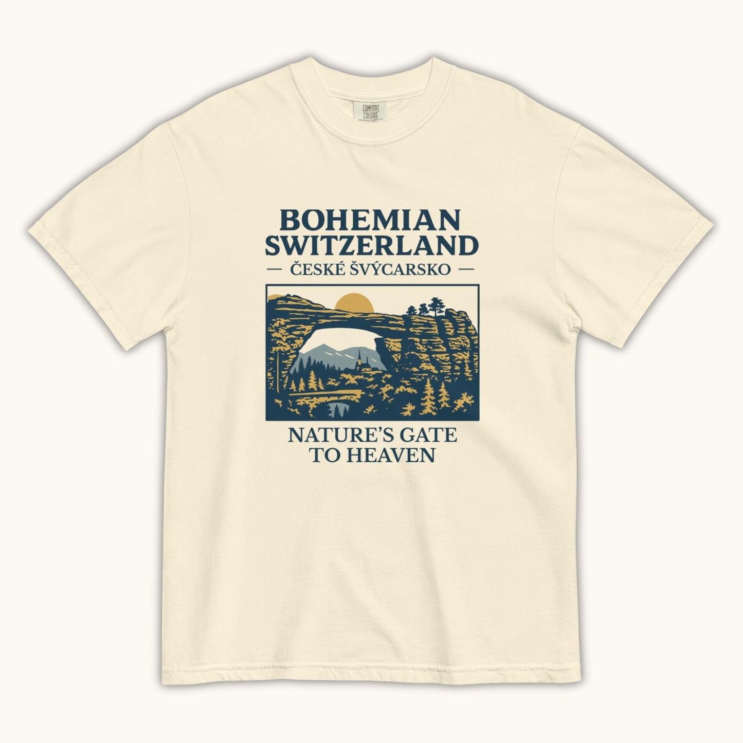Unisex Bohemian Switzerland t-shirt featuring Pravčická Gate illustration in vintage outdoor style.
