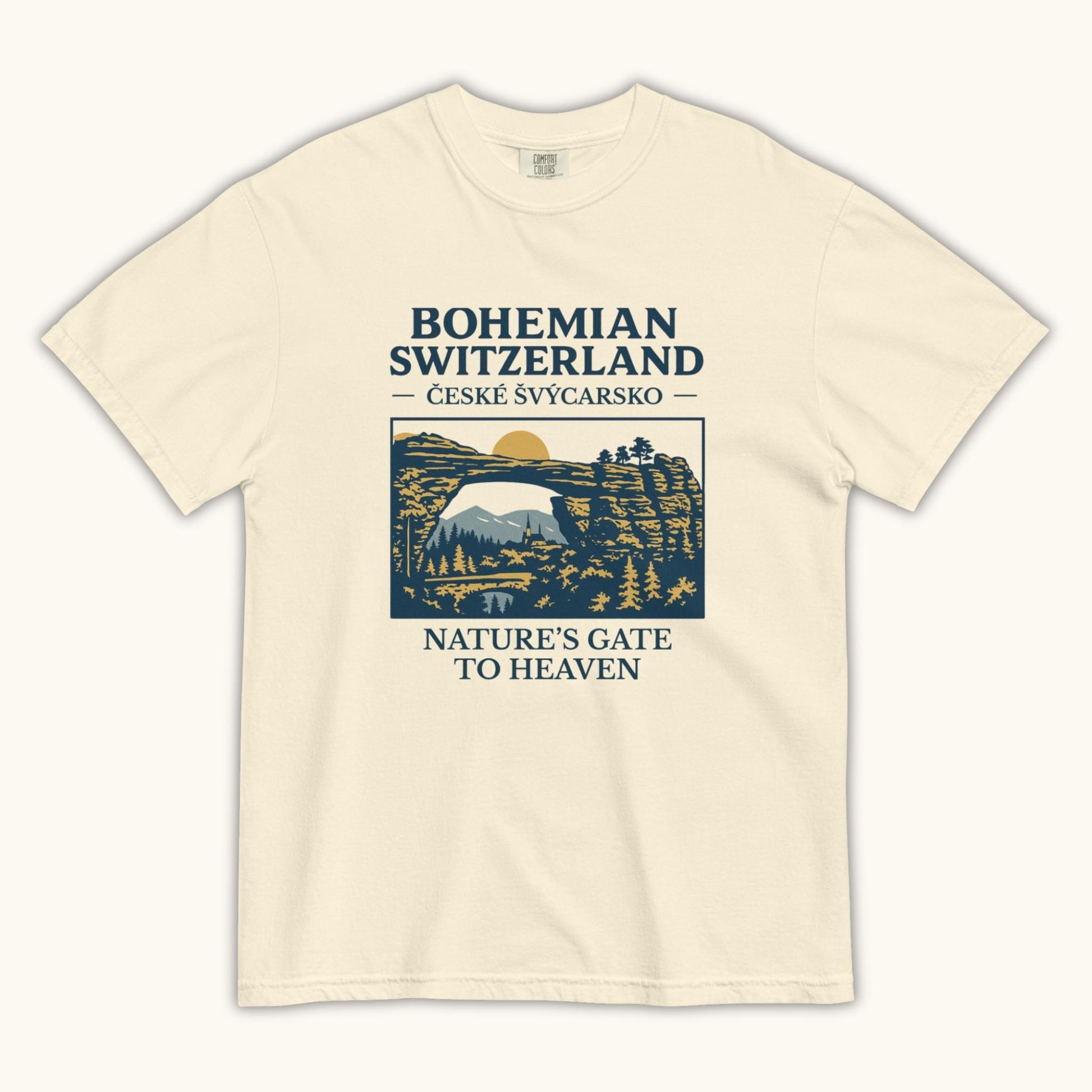 Unisex Bohemian Switzerland t-shirt featuring Pravčická Gate illustration in vintage outdoor style.

