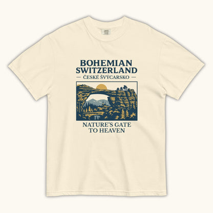 Unisex Bohemian Switzerland t-shirt featuring Pravčická Gate illustration in vintage outdoor style.
