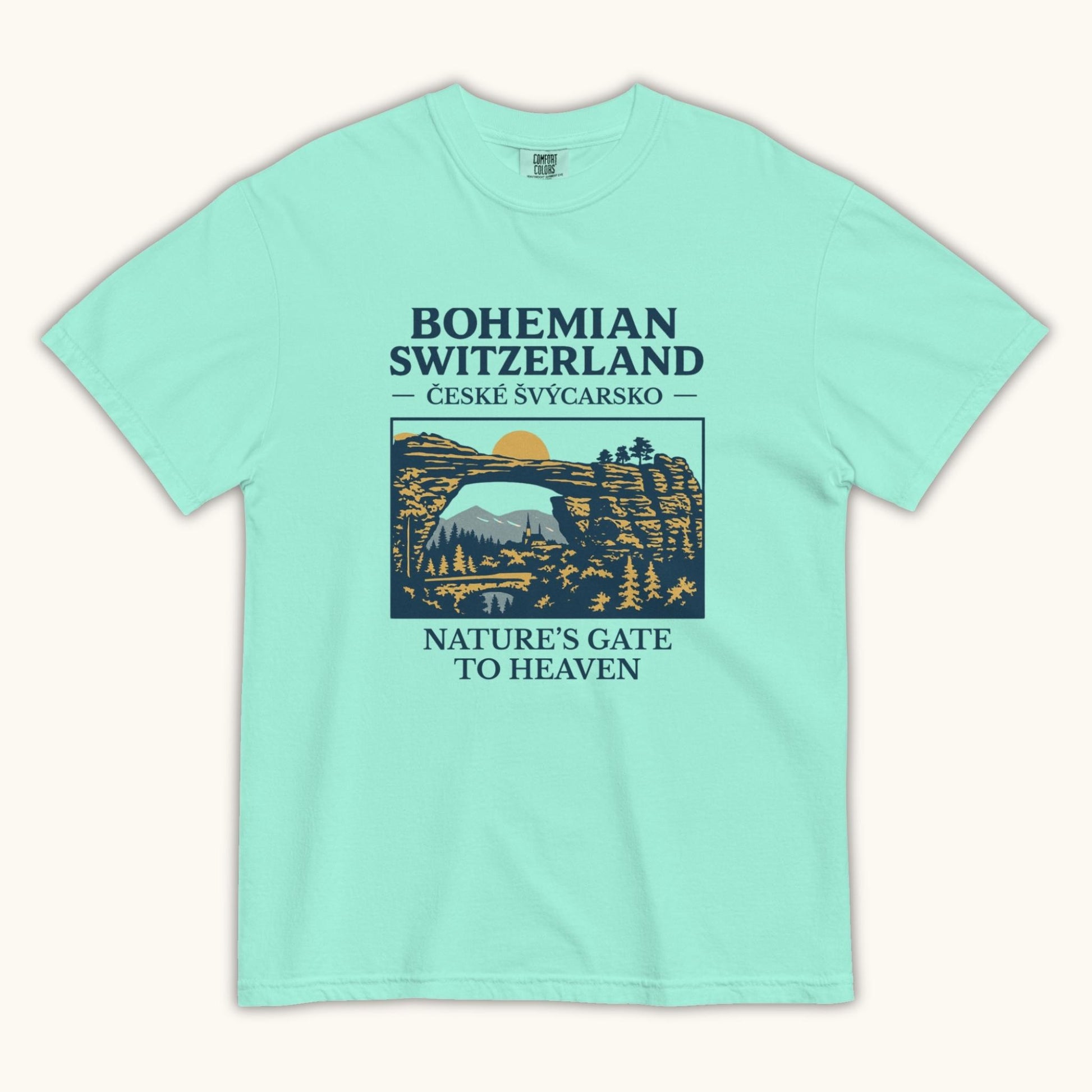 Unisex Bohemian Switzerland t-shirt featuring Pravčická Gate illustration in vintage outdoor style.
