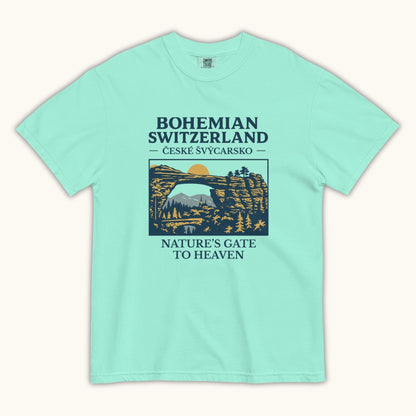 Unisex Bohemian Switzerland t-shirt featuring Pravčická Gate illustration in vintage outdoor style.
