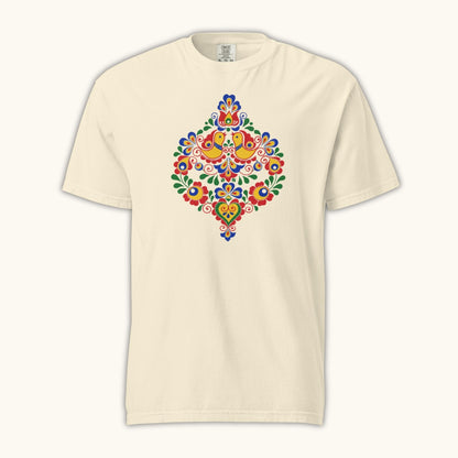 Bohemian and Moravian folk pattern illustration on white women’s t-shirt
