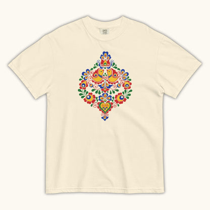 Bohemian and Moravian folk pattern illustration on white women’s t-shirt

