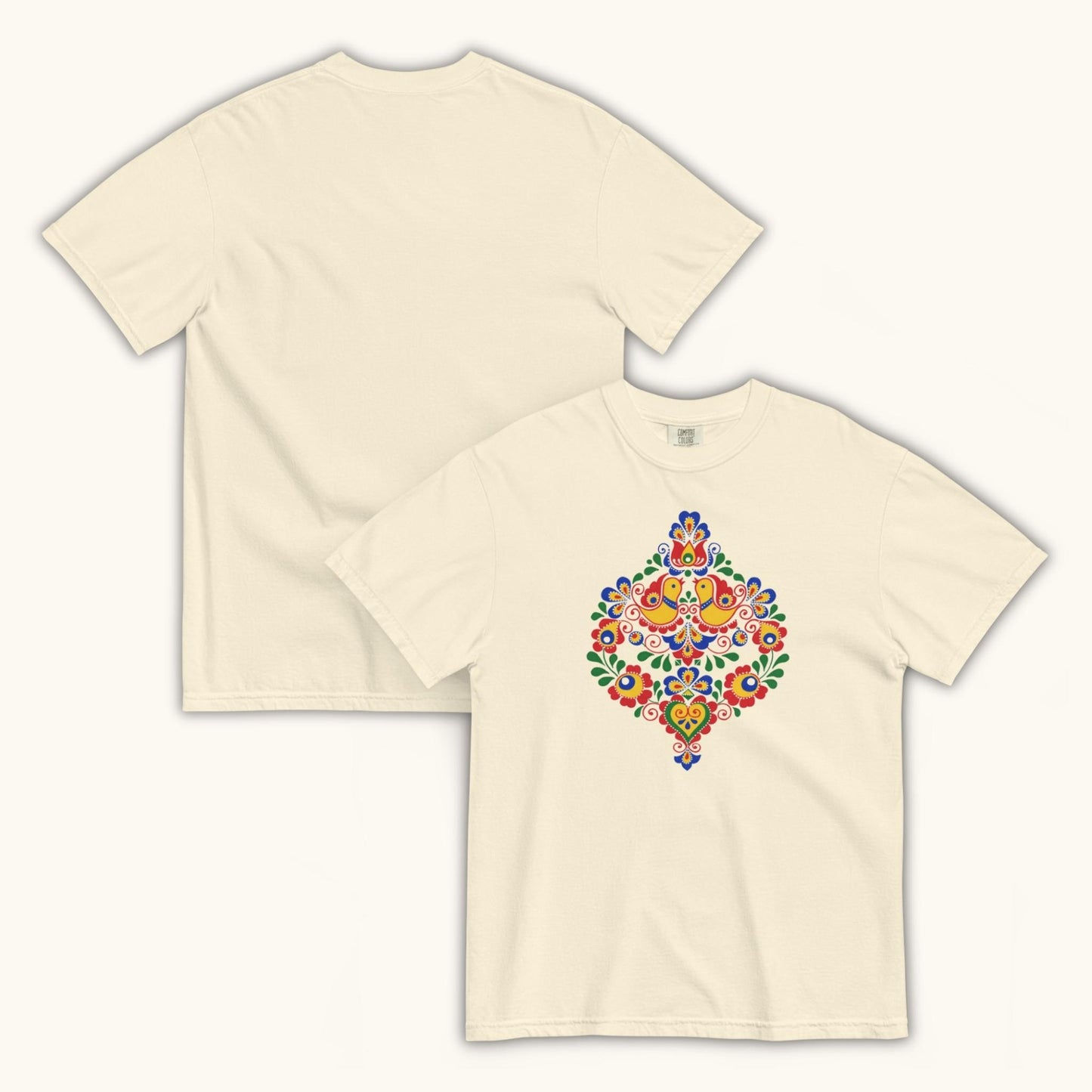Bohemian and Moravian folk pattern illustration on white women’s t-shirt
