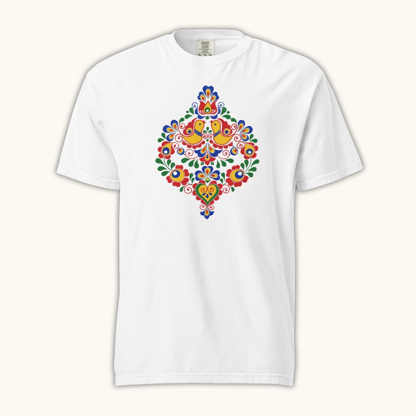 Bohemian and Moravian folk pattern illustration on white women’s t-shirt
