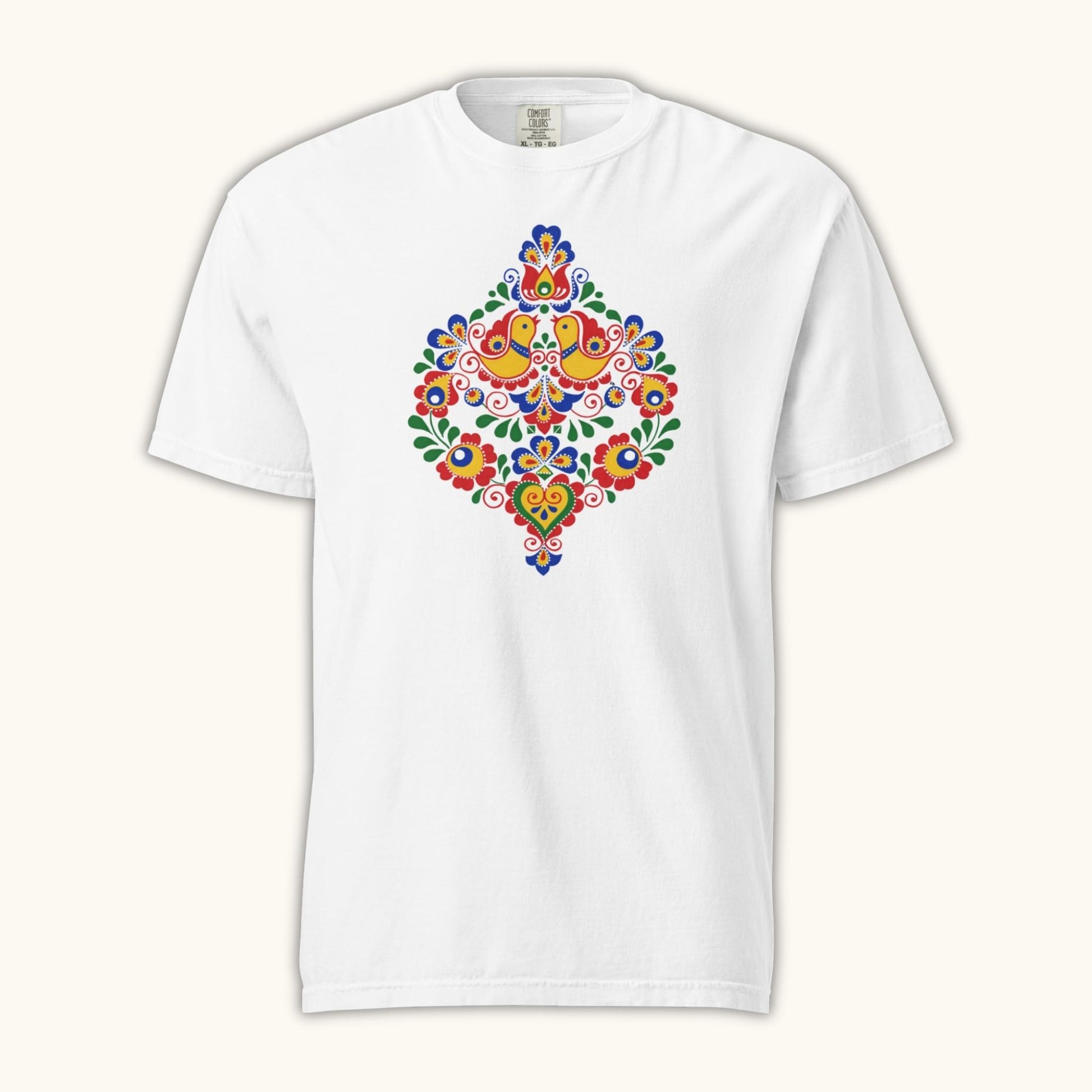 Bohemian and Moravian folk pattern illustration on white women’s t-shirt

