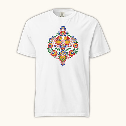 Bohemian and Moravian folk pattern illustration on white women’s t-shirt

