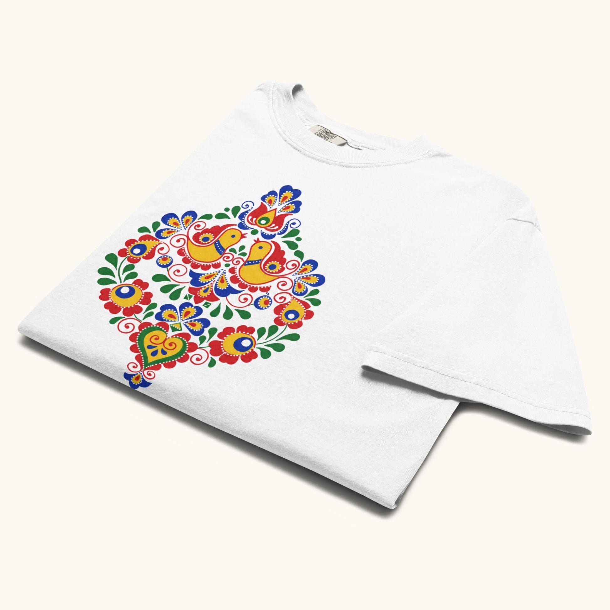 Bohemian and Moravian folk pattern illustration on white women’s t-shirt
