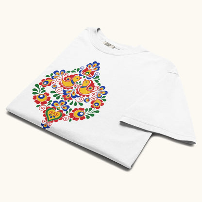 Bohemian and Moravian folk pattern illustration on white women’s t-shirt
