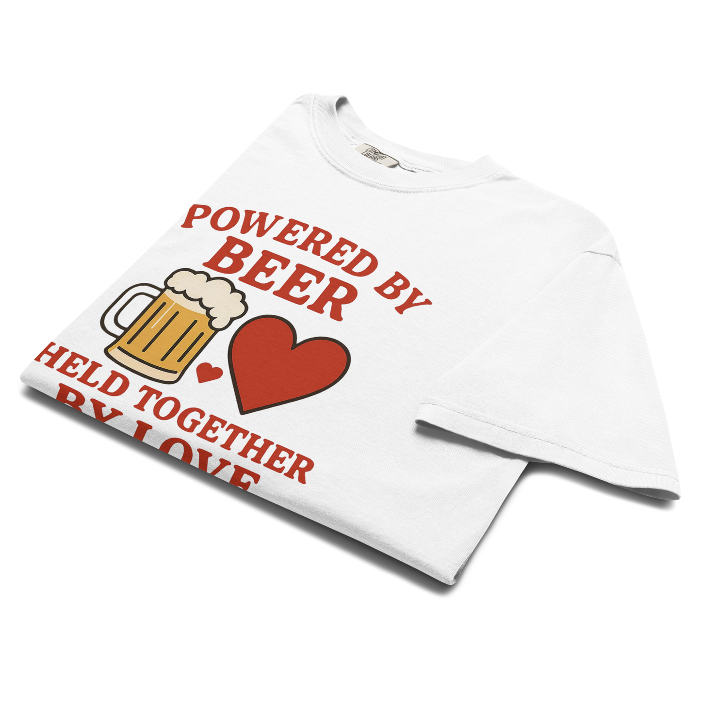 Powered by Beer Held Together by Love T-Shirt – Beer and Heart Graphic Tee