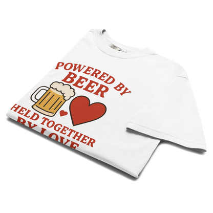 Powered by Beer Held Together by Love T-Shirt – Beer and Heart Graphic Tee